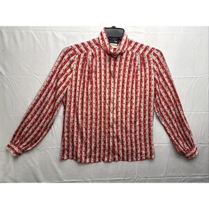 Vtg Panther Floral Striped Pleated Front Button Up Blouse Teacher Secretary Geek